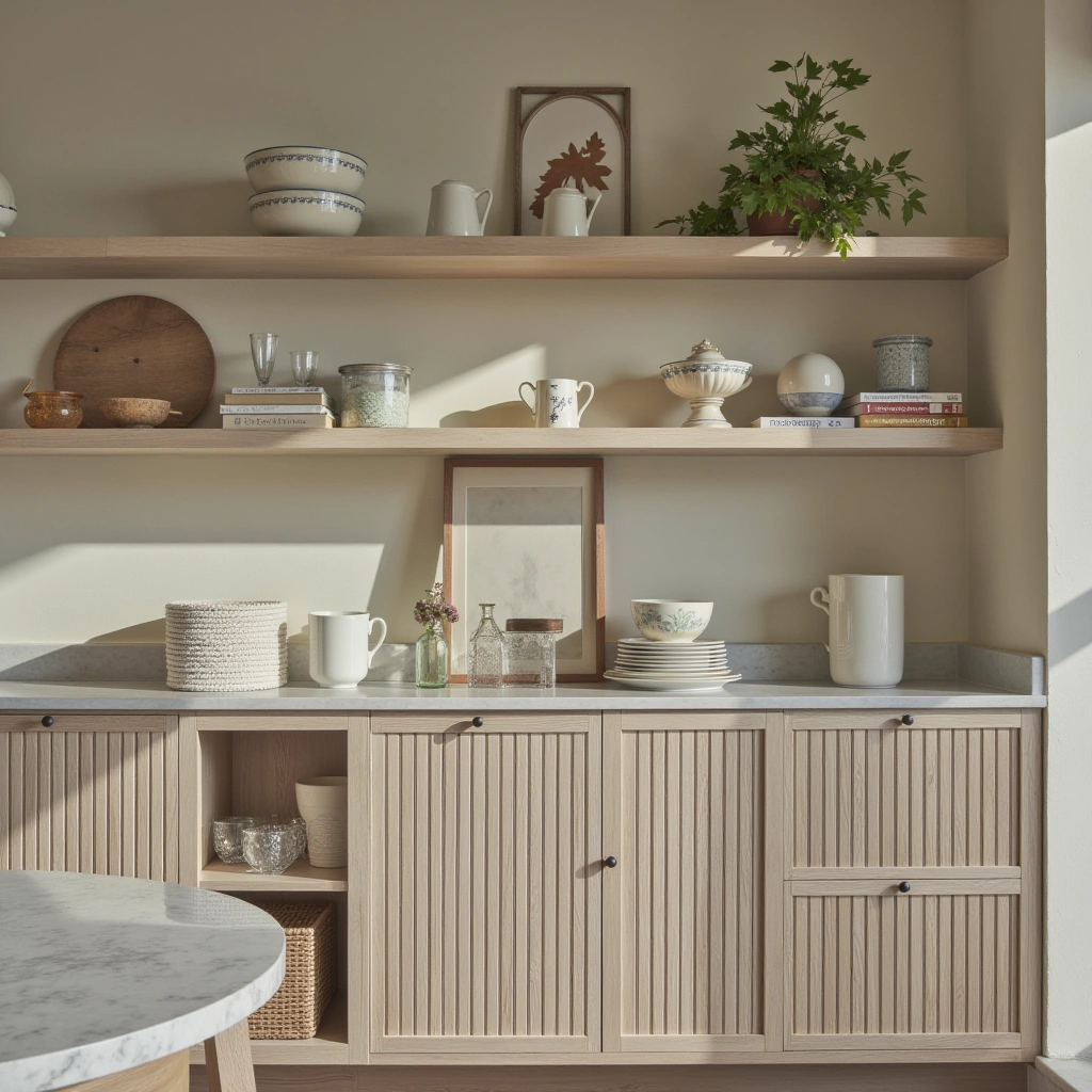 9. Open Shelving with Decorative Crockery